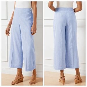 Talbots Pants Womens 6 Blue Striped Linen Blend Wide Leg Crop Coastal Preppy